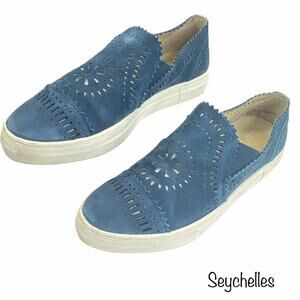 Seychelles Blue Leather Cutout Slip-On Sneakers Size 9.5 Laser Cut Loafer Shoe